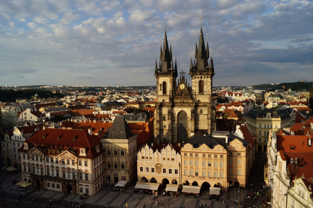 prague-vencel-square-czech-republic-church-161077-161077 Stunning aerial shot of Prague's Old Town featuring the iconic Church of Our Lady before Tyn.